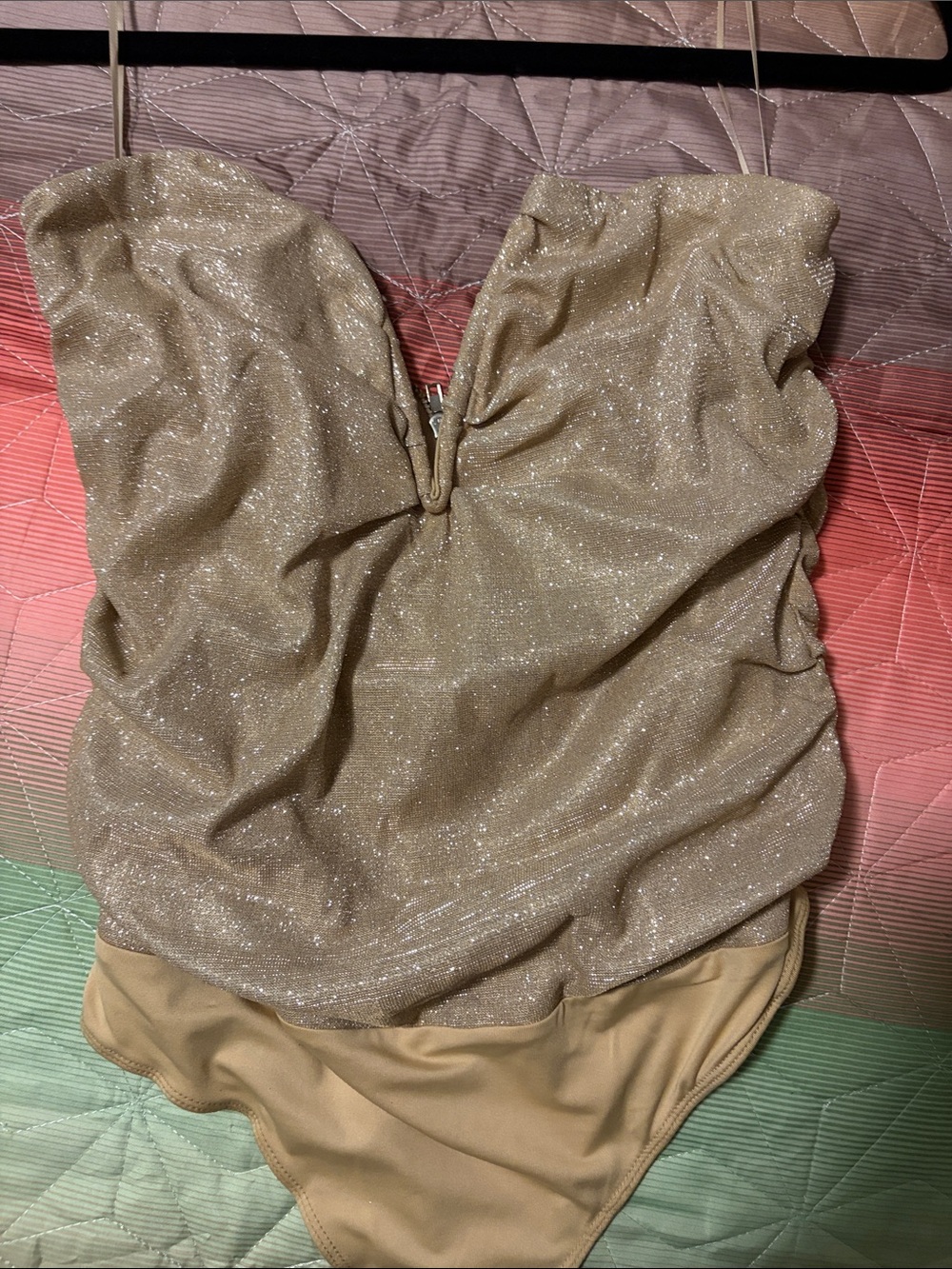 Fashion Nova Gold Shimmer Strapless Bodysuit